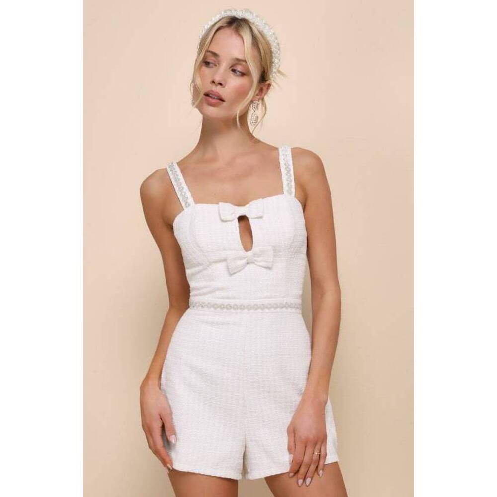 Lulus Upscale Charm Ivory Tweed Pearl Beaded Cutout Bow Romper White - Size L
